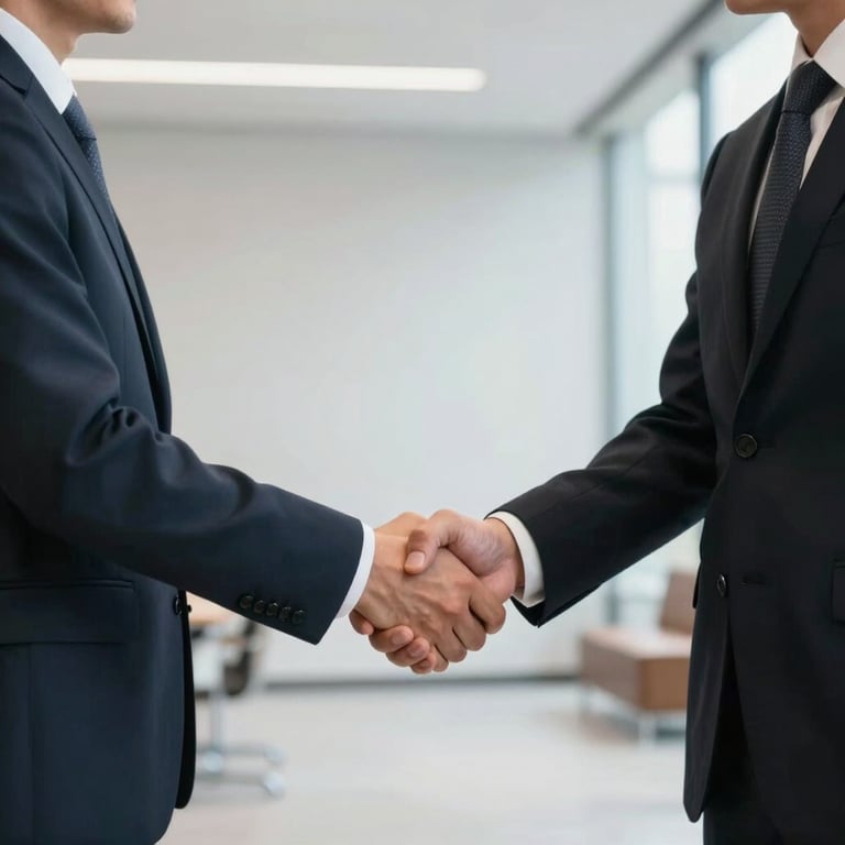 Two professionals in North American business attire shaking hands in a minimalist, light-filled office lobby.