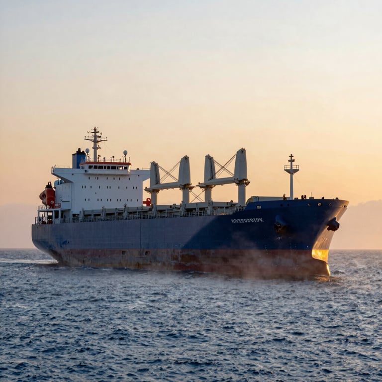 A large cargo ship at sea during a golden sunset, showing global reach, with Mist Blue water tones.