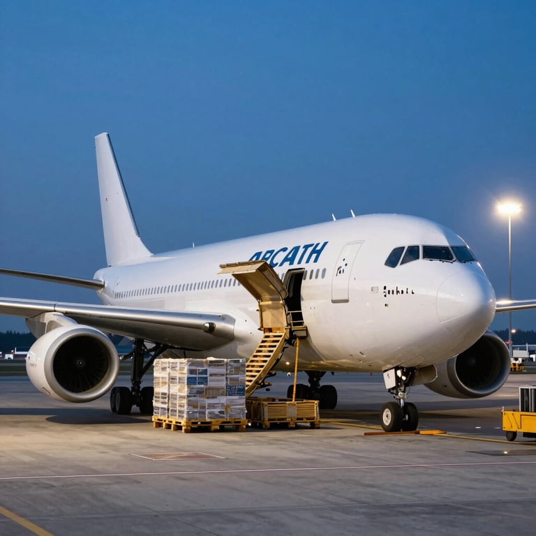 A heavy cargo plane being loaded with pallets at a global airport hub during twilight with bright Arctic White runway lights.