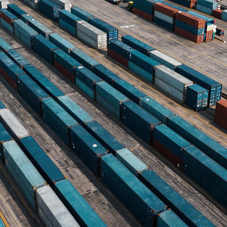 An aerial view of a busy North American shipping port with organized rows of containers in Deep Midnight Teal colors.