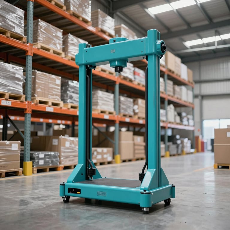 A modern, clean warehouse interior with high shelves and automated logistics equipment in Steel Teal lighting.