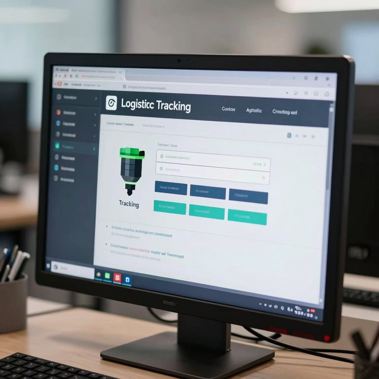 A close-up of a high-tech logistics tracking interface displayed on a sleek desktop monitor in a professional office.
