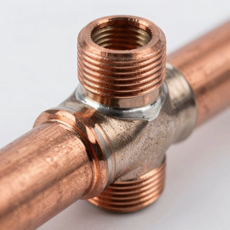 Close-up macro shot of an immaculate copper pipe joint, clean silver solder line, polished metal surface, bright natural studio lighting