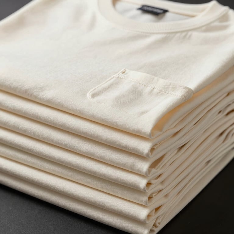 Stack of folded off-white pocket t-shirts showing thick ribbed collars and clean hem lines, soft side light