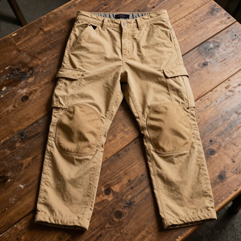 A pair of rugged sand-khaki canvas utility pants laid flat on a rustic wooden worktable, showing reinforced knee panels