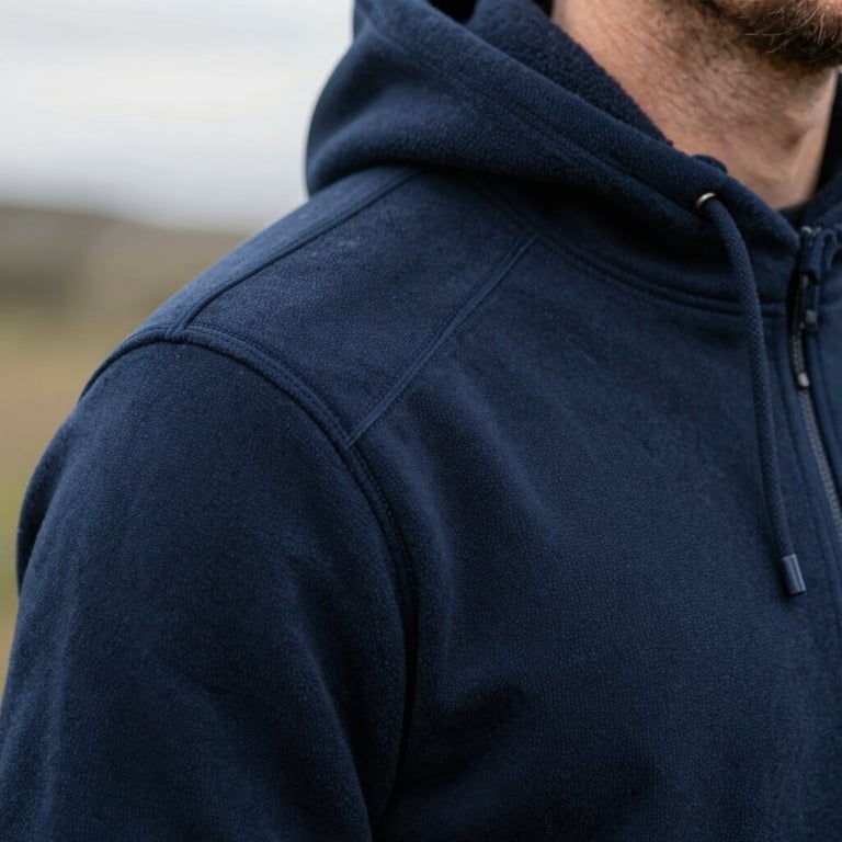 Close-up of a heavy navy fleece hoodie, focus on clean double-needle flatlock stitching along the shoulder seam, natural overcast light