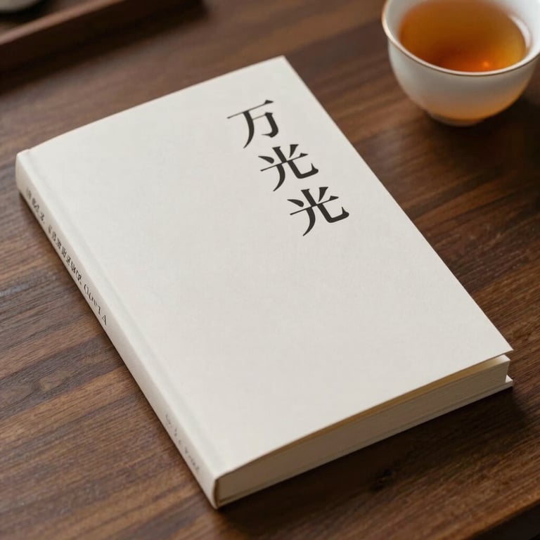 A beautiful, minimalist book cover lying on a wooden table next to a cup of tea, soft warm lighting, elegant serif typography visible on the cover, premium editorial feel