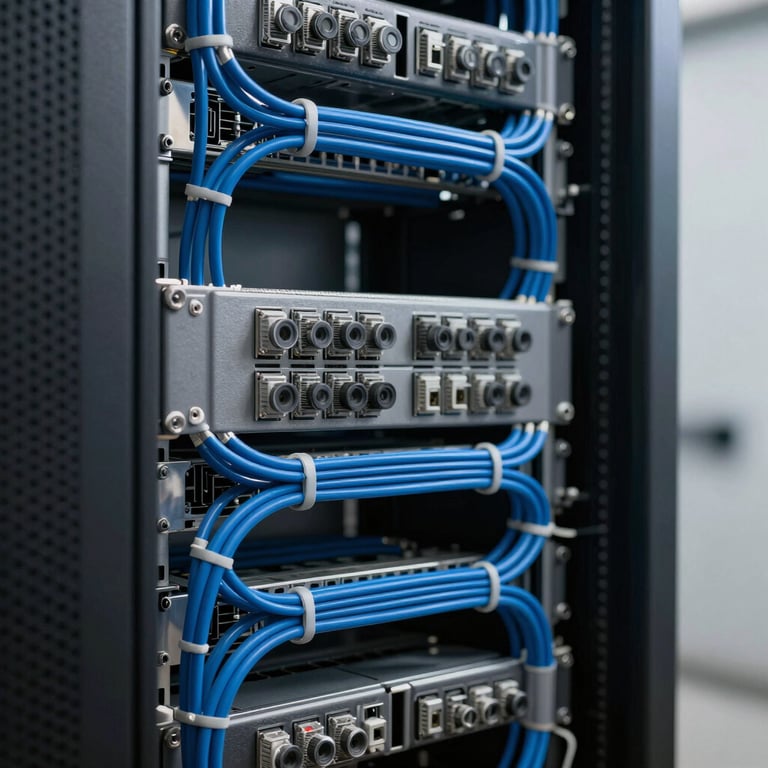 Close-up of a secure, industrial-grade server rack with organized blue and gray cabling, professional cable management, soft studio lighting.