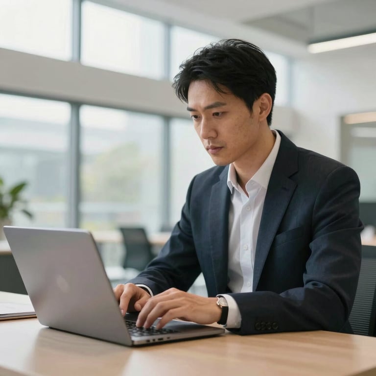 A consultant working on a laptop in a bright, modern architectural space, focused expression, high-end North American corporate setting.
