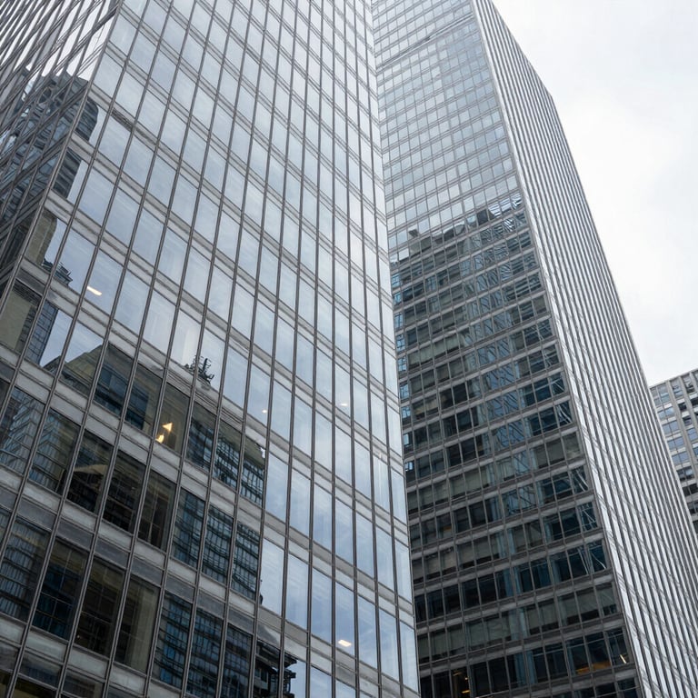 Abstract perspective of modern skyscraper architecture in a US tech hub, glass reflections, representing corporate innovation and scale.