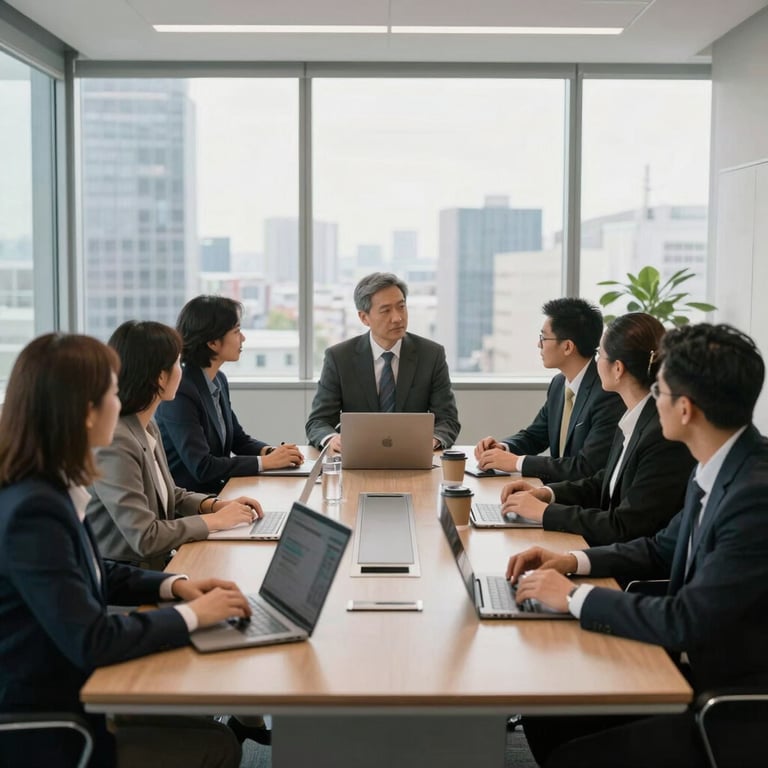 A diverse team of professionals in a high-rise North American boardroom during a strategic IT presentation, morning light, professional atmosphere.