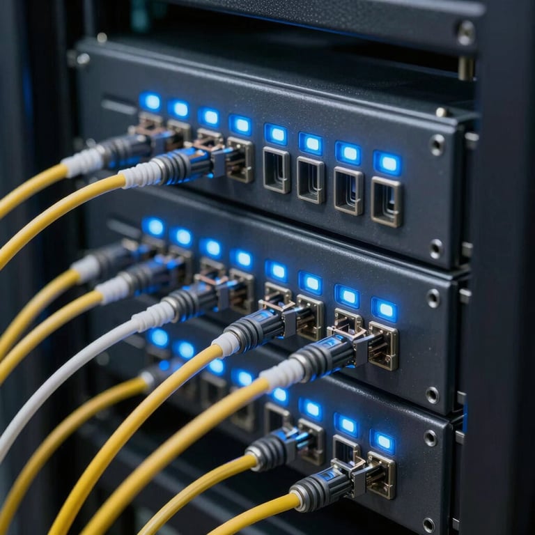 Macro photography of a high-speed fiber optic patch panel in a data center, glowing blue LED indicators, sleek technology aesthetic.