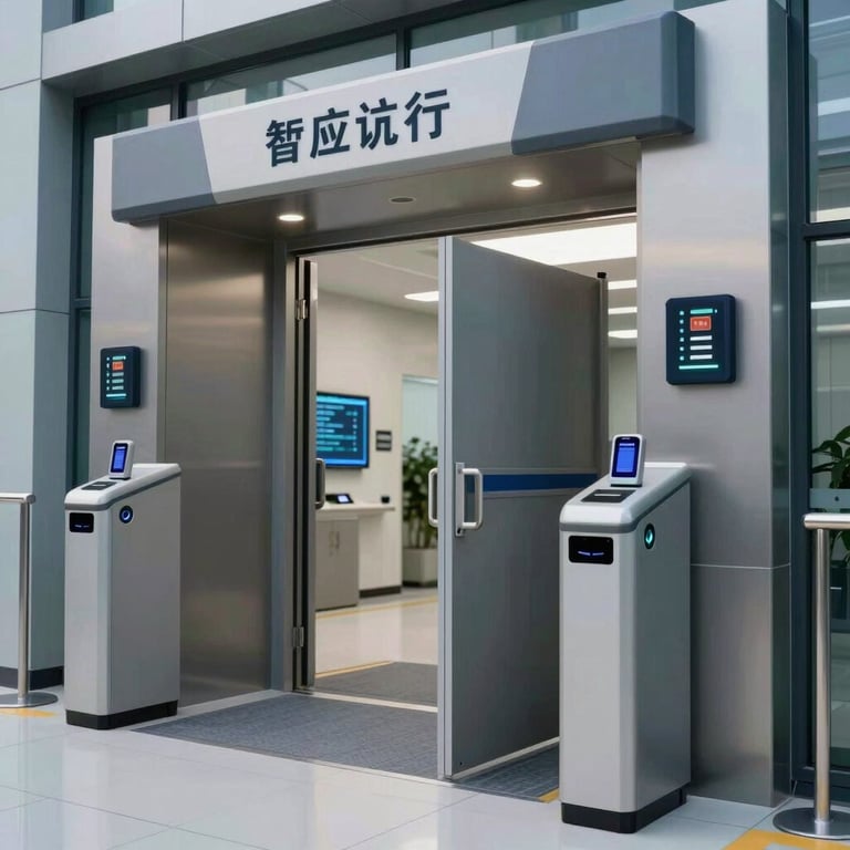 A secure entry point to a modern tech facility with biometric scanners and sleek architecture, representing government-grade security.