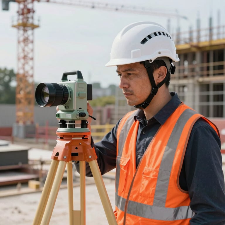 A surveyor in a white helmet and orange safety vest using a digital measuring device on a construction site.