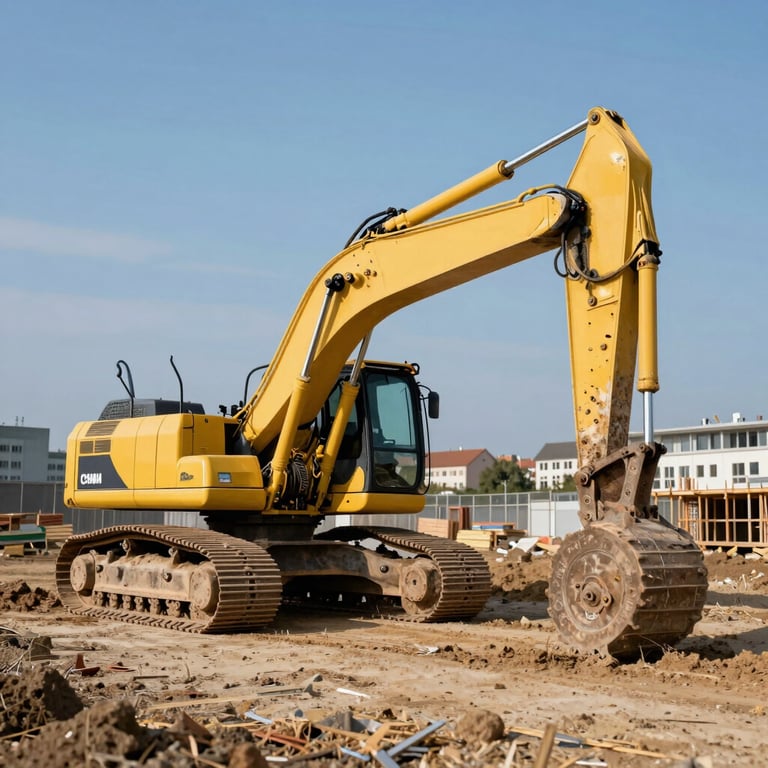 A wide shot of a yellow Goldmann excavator at a construction site in a German urban area, blue sky background.
