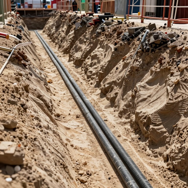 A deep, clean-cut trench for line construction showing different layers of sand and cable protection.