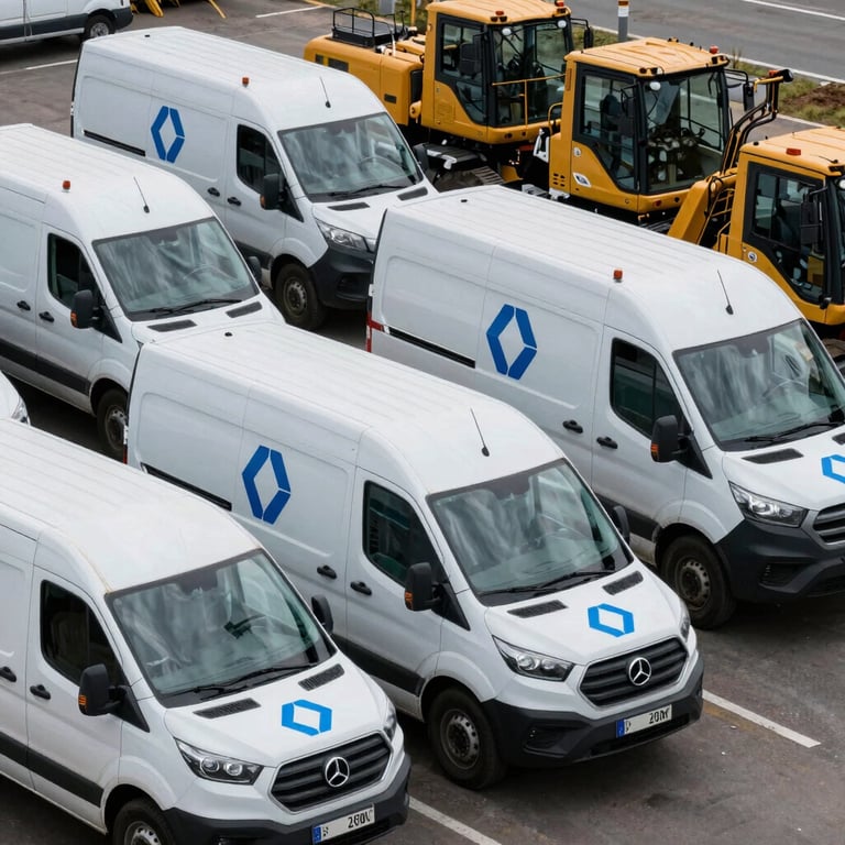 A fleet of modern construction vehicles and white service vans with blue hexagon logos parked neatly.
