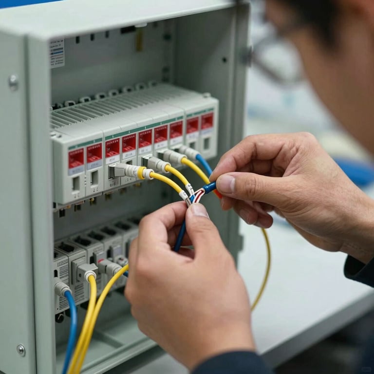 Close-up of a fiber optic distribution box being expertly wired by a technician in a Central European setting.