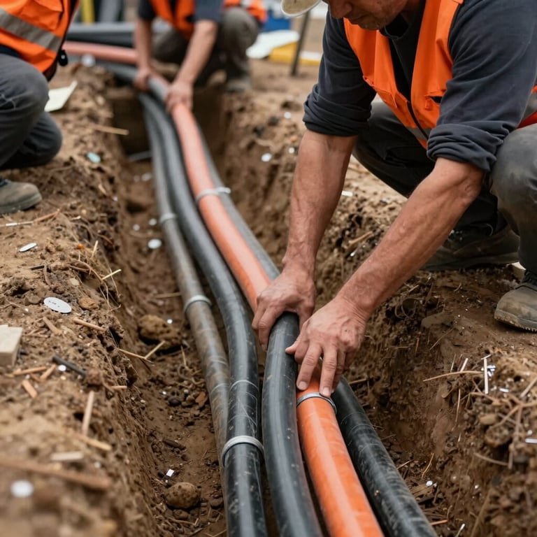 Detailed view of orange-vested workers carefully laying black and orange conduits into a prepared trench.