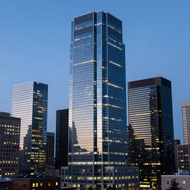 A sleek North American corporate skyline at twilight with glowing blue windows and modern architecture.