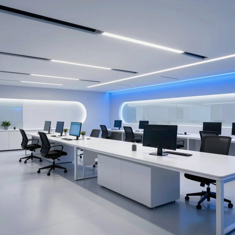 A clean, futuristic collaborative space with white surfaces and sophisticated blue ambient lighting.