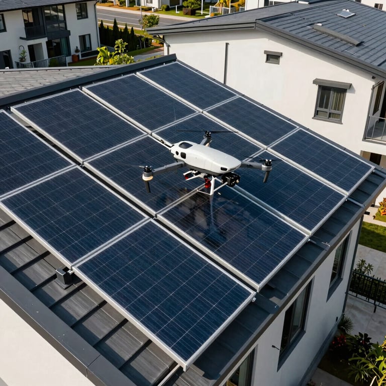 A drone inspecting solar panel arrays on a modern residential roof, high-tech aesthetic.