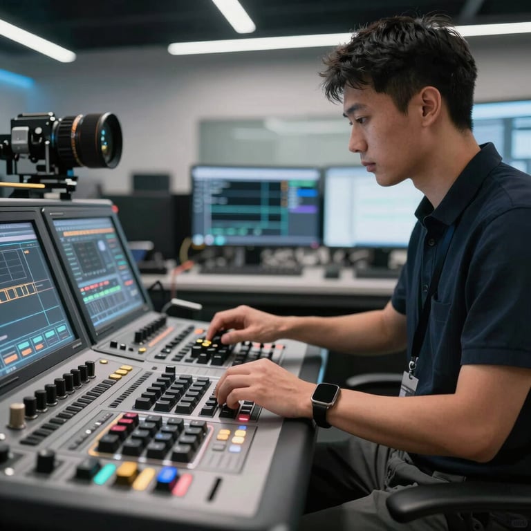 An operator in professional attire using a high-end remote control console in a modern tech environment.