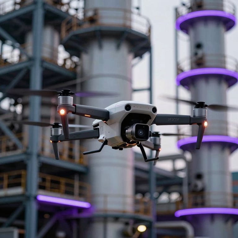 Precision drone hovering over a complex industrial structure with violet neon lighting accents.