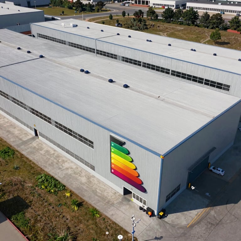 Thermal imaging view from a drone showing energy efficiency data of a large modern warehouse.