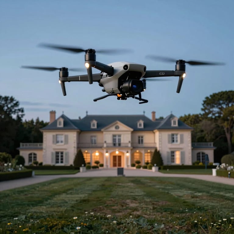 Cinematic wide shot of a professional drone flying over a luxury estate in the French countryside during the blue hour.