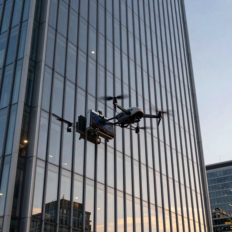 A specialized drone cleaning the facade of a futuristic glass skyscraper in a French business district at dusk.