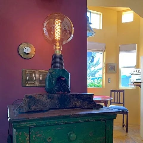 Lamp made from big LED, drill bit and walnut base.