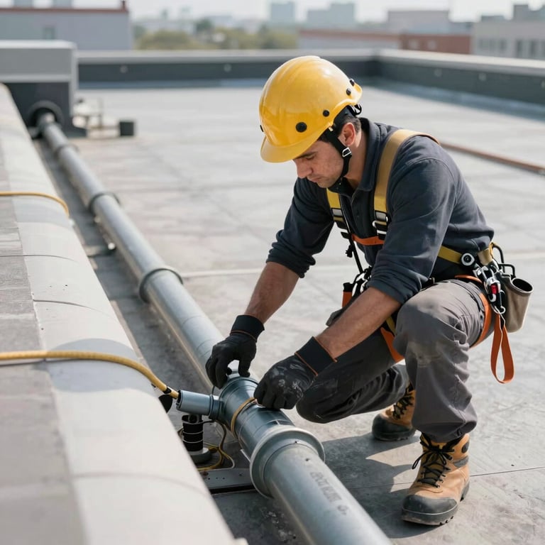 A roofer inspecting a drainage system on a commercial flat roof.