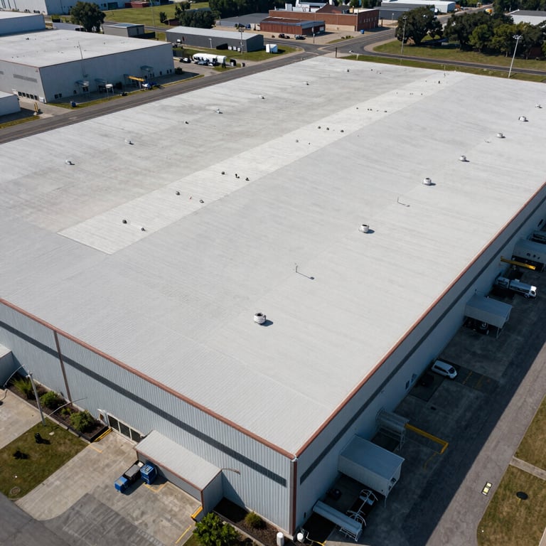 An aerial view of a massive flat roof on a distribution center in New Jersey.
