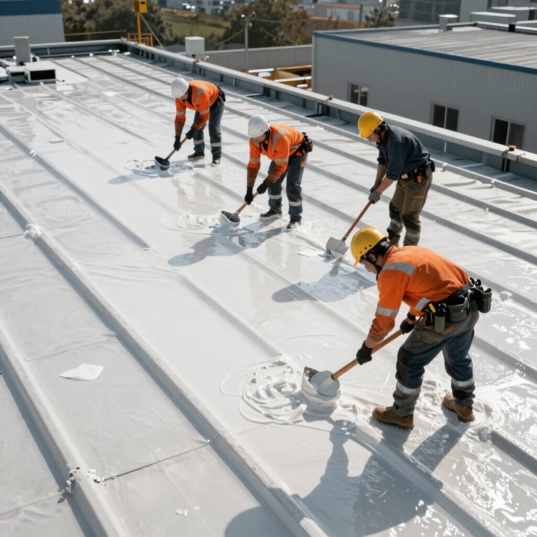 A team of contractors applying a waterproof white coating to an industrial roof.