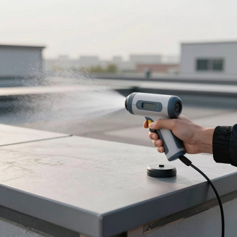 A professional using moisture detection equipment on a modern flat roof.