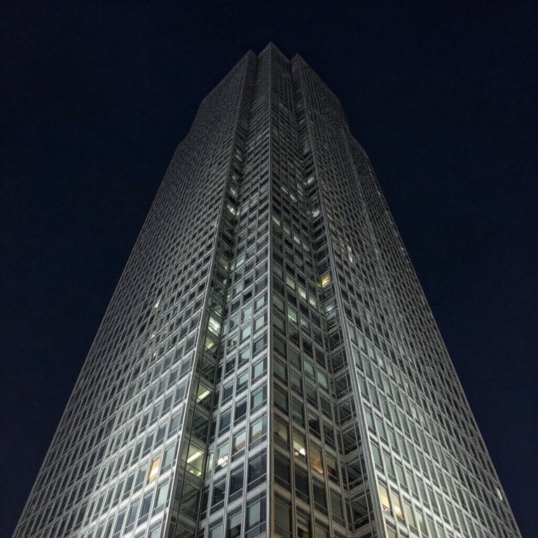 A low-angle shot of a towering glass skyscraper against a deep midnight sky, symbolizing growth and ambition.