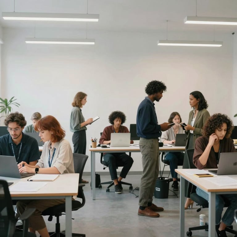 A wide shot of a contemporary workspace where diverse professionals collaborate, illuminated by soft mist white ambient light.