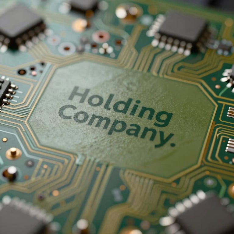A macro shot of integrated circuit patterns, emphasizing the deep technological roots of the holding company.