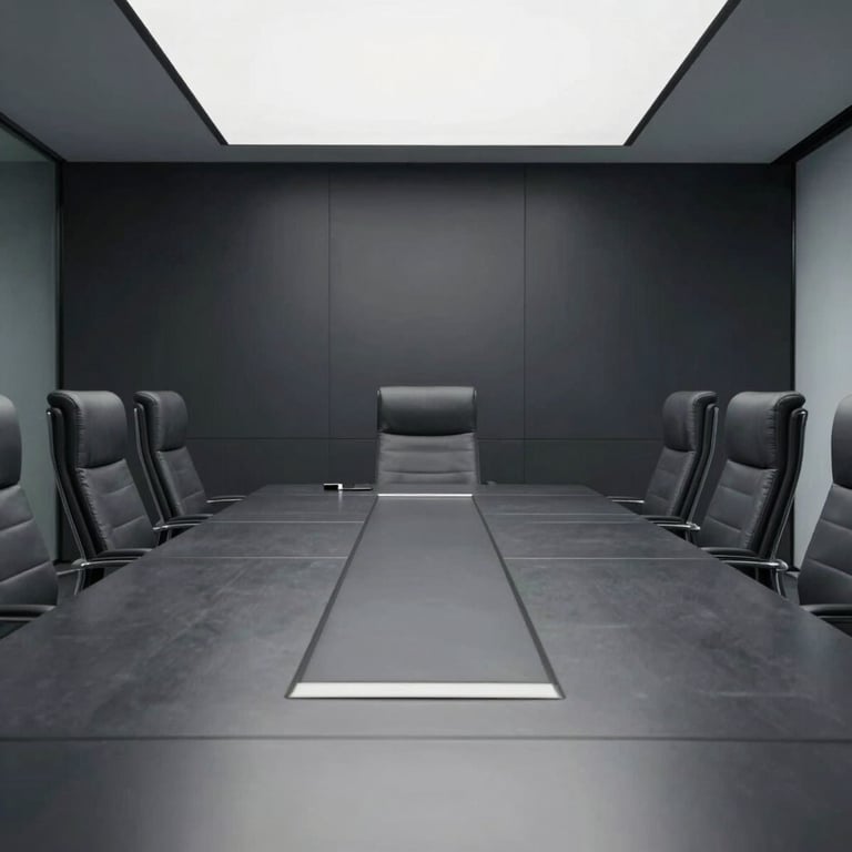 A minimalist executive boardroom with dark charcoal furniture and mist white accents, reflecting a sophisticated corporate environment.