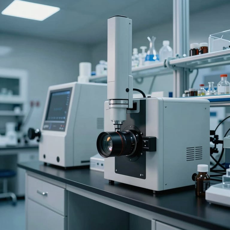 A modern research laboratory with clean lines, featuring high-tech equipment and subtle steel blue lighting.