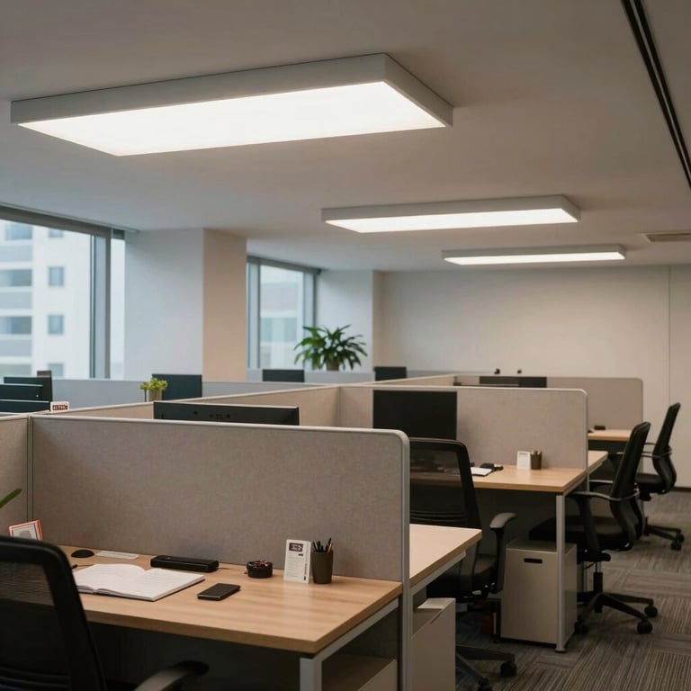 A commercial office interior with modern partitions and professional lighting fixtures.