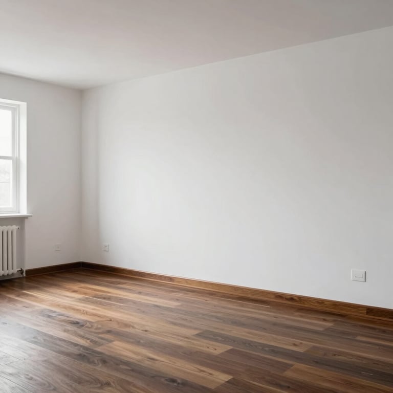 Modern living room renovation with fresh white paint and dark wood flooring, professional lighting.