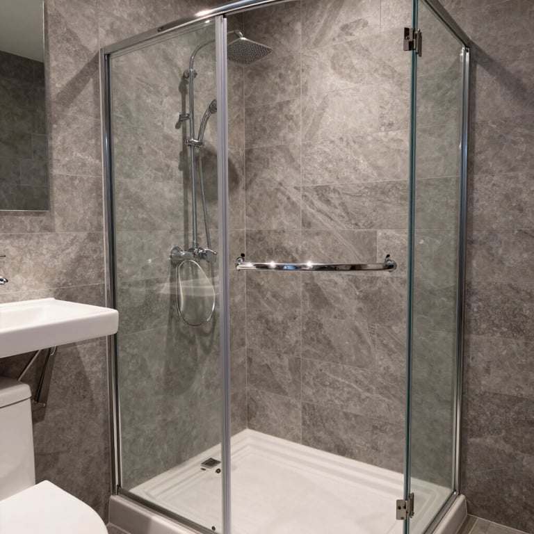 Detailed shot of a newly remodeled bathroom featuring a glass walk-in shower and gray stone tiles.