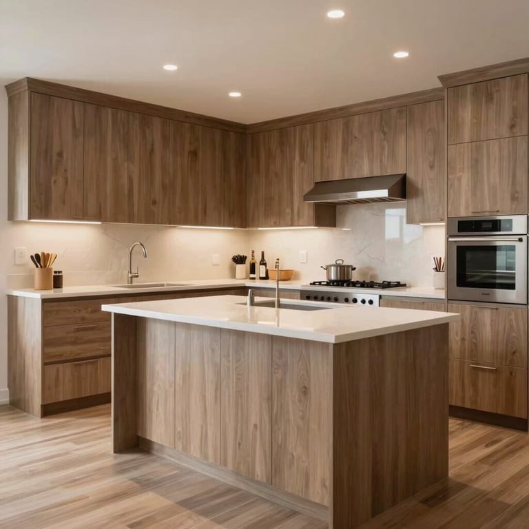 A residential kitchen transformation showing custom cabinetry and a large central island.