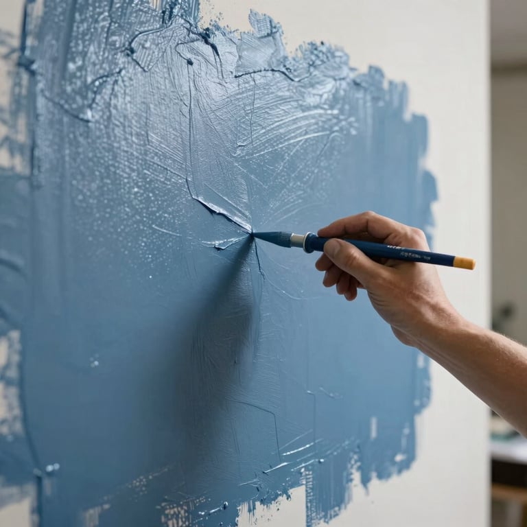 Professional painter applying a smooth finish to a wall using high-quality steel blue paint.