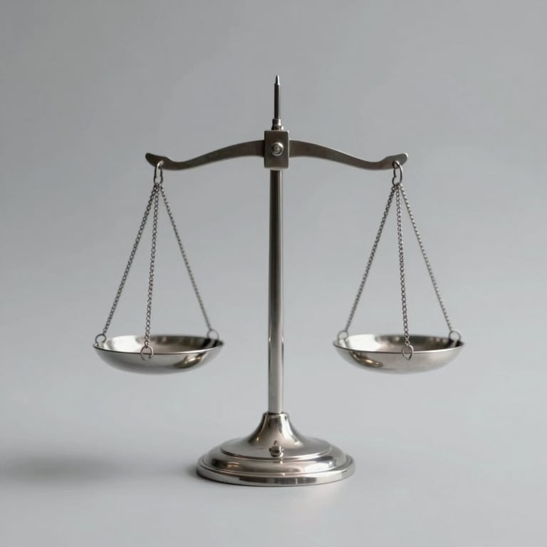 Close-up of a silver justice scale on a clean, light surface with #A0A0A0 gray tones.