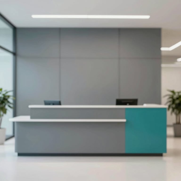 Minimalist legal office lobby with a reception desk in #1A202C gray and teal #054D4B accents.