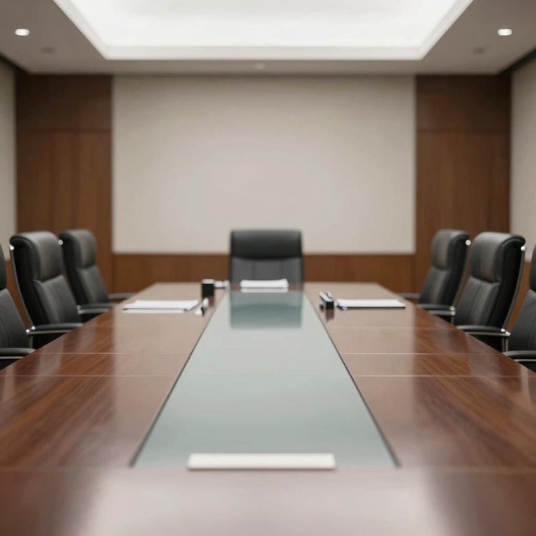 A formal conference room with high-backed leather chairs and a large glass table, very professional atmosphere.