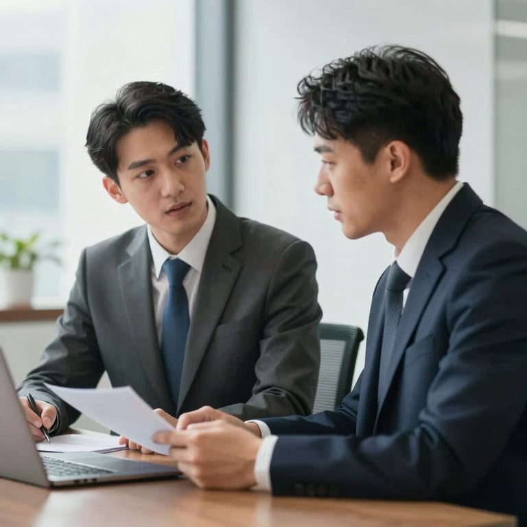 Two lawyers in professional attire discussing a case in a modern, bright office space.